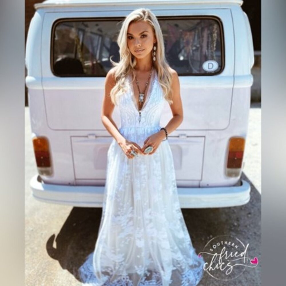 Southern Fried Chics Enchanted Night White Sequin Maxi Dress Wedding